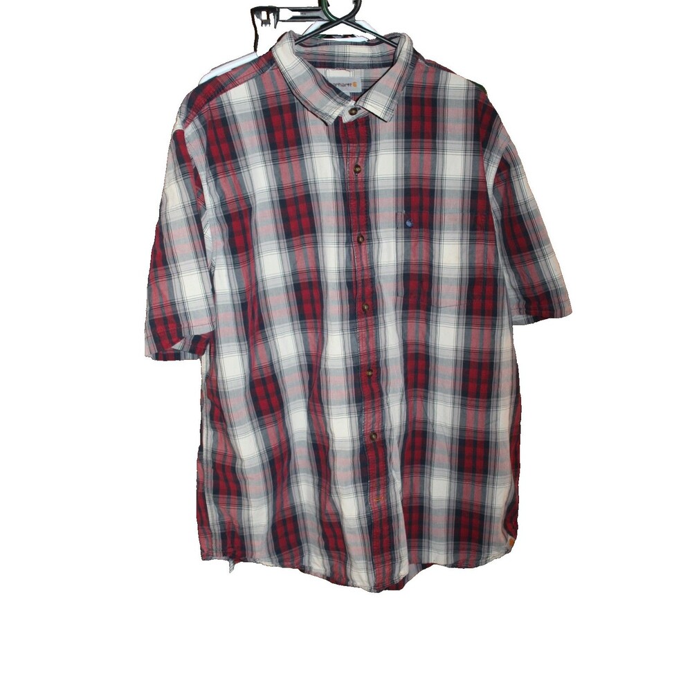 Carhartt Shirt Mens 2XL Blue Button Up Plaid Short Sleeve Cotton Workwear